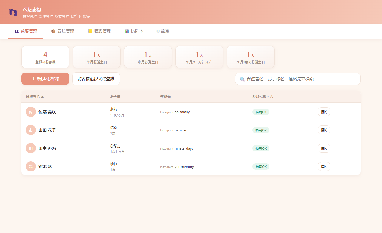 顧客管理の画面例。記念日のお子様の人数と、お客様一覧を表示。